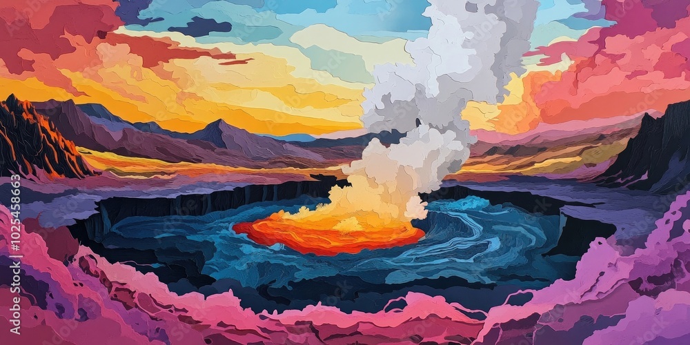 Vibrant and cracked landscape surrounding a boiling mudpot in a geothermal area, showcasing a striking array of colors Vibrant and cracked landscape surrounding a boiling mudpot in a geothermal area, showcasing a striking array of colors