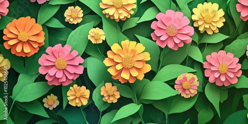 Pink and yellow zinnias in full bloom, Vibrant zinnias in bloom