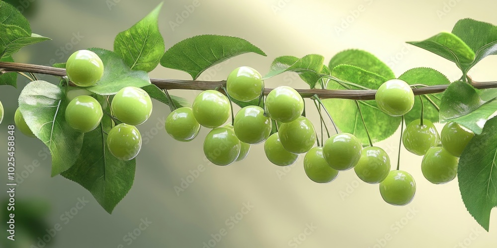 Unripe green cherries on a branch, Unripe green cherries on a branch Unripe green cherries on a branch, Unripe green cherries on a branch