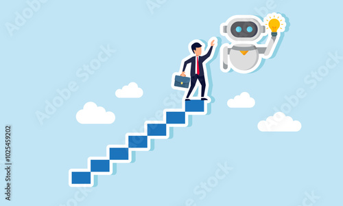 A businessman at the top of a ladder trying to grab an AI robot carrying a light, illustration of the effort to implement AI for ideas and innovation in business