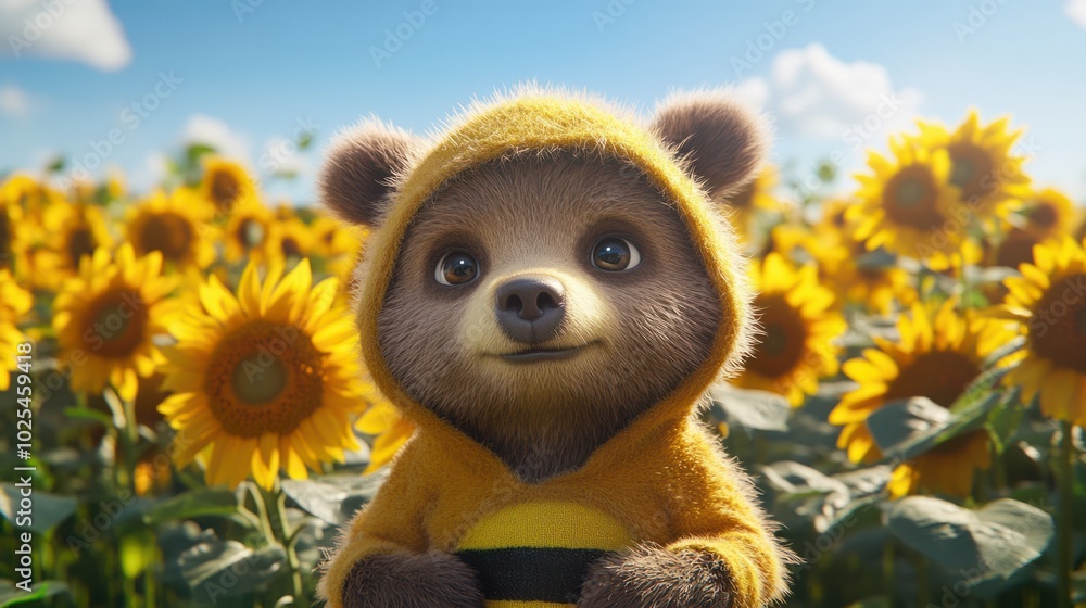 Cute Bear in Sunflower Field Cute Bear in Sunflower Field
