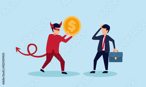 A businessman feels confused as a devil holds a dollar coin, illustration of the temptation to engage in corruption within a project