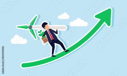 A businessman carrying a wind turbine and a plant pot climbs a rising green graph, illustration of a growing business that maintains environmental sustainability