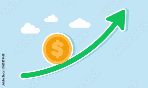 A dollar coin climbs a rising green graph, illustration of the increasing value of the dollar