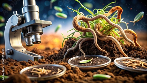 Microorganism and soil biology with nematodes and fungi under the microscope in a soil and compost sample photo