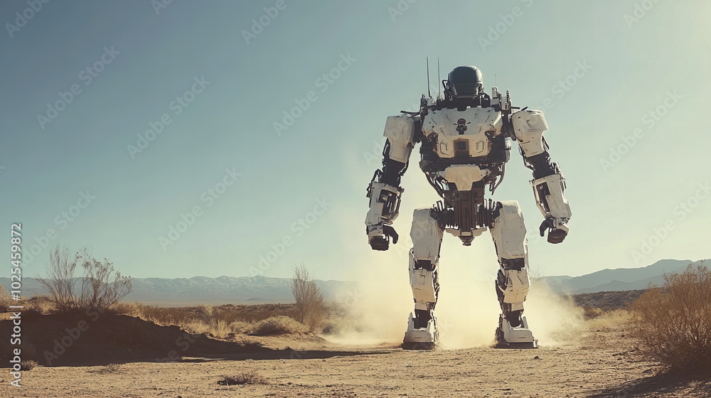 A large humanoid robot stands in a dusty landscape under clear skies, showcasing its engineering and design in a remote desert area A large humanoid robot stands in a dusty landscape under clear skies, showcasing its engineering and design in a remote desert area