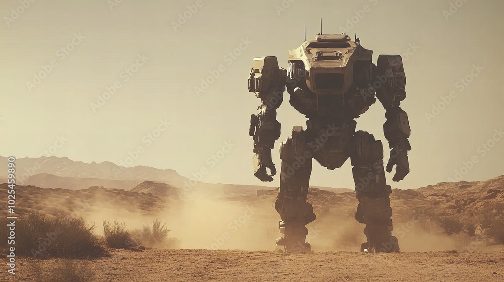 A large robotic figure stands in a dusty desert landscape under a clear sky during the late afternoon A large robotic figure stands in a dusty desert landscape under a clear sky during the late afternoon