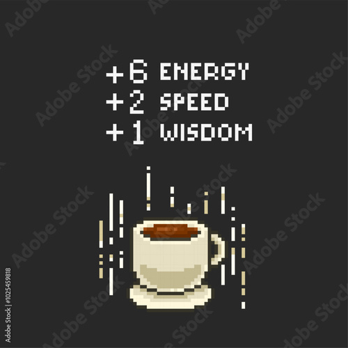 Level up video game item, pixel art coffee mug