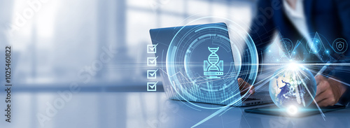 Biotechnology: Research, innovation, development, applications, healthcare. Businessman selects a checkbox and uses a laptop analyzing data graph growth on global network. photo