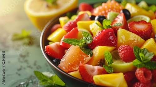 Fresh Fruit Salad with Mint in a Bowl