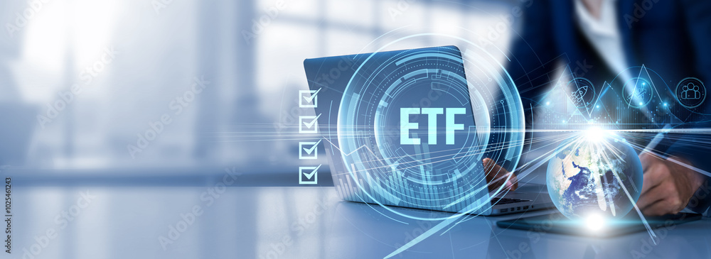ETF: Diversification, liquidity, investment, portfolio management, flexibility. Businessman selects a checkbox and uses a laptop analyzing data graph growth on global network. ETF: Diversification, liquidity, investment, portfolio management, flexibility. Businessman selects a checkbox and uses a laptop analyzing data graph growth on global network.