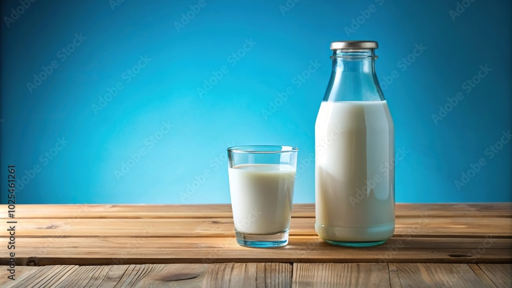 Milk and glass on table, blue background Milk and glass on table, blue background