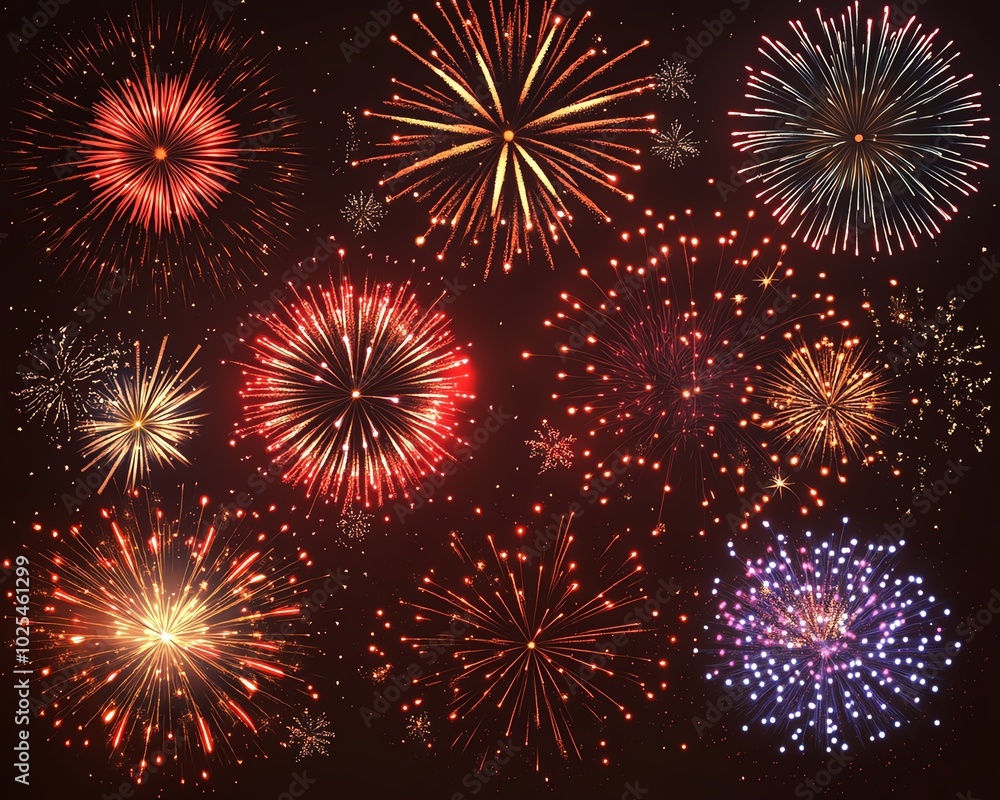 Naklejka premium Spectacular fireworks lighting the night sky, joyful explosions of color and sparkle for New Years Eve or holiday celebrations