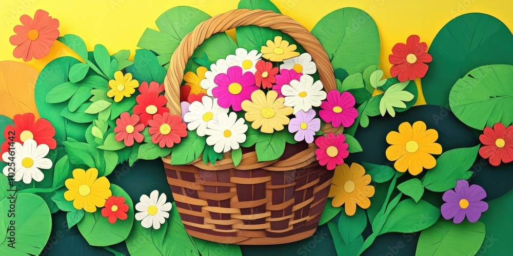 Spring basket filled with primroses, Spring basket with flowers Spring basket filled with primroses, Spring basket with flowers
