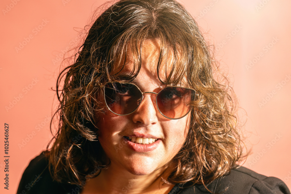 A young plus size woman posing happily with sunglasses in front of pink studio background; body positivity concept A young plus size woman posing happily with sunglasses in front of pink studio background; body positivity concept