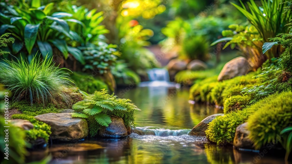 Fototapeta premium Mini oasis filled with greenery and with a small stream flowing down the stone Macro