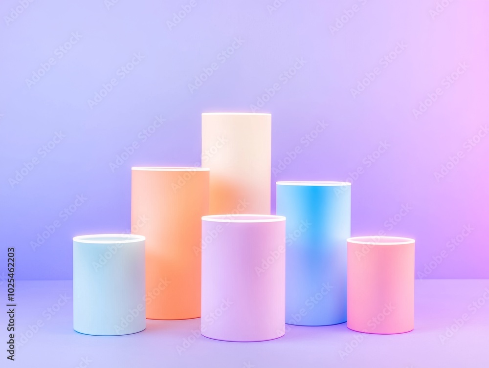 Colorful pastel cylindrical containers on gradient background Colorful pastel cylindrical containers on gradient background