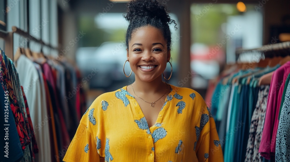 A smiling woman in a yellow floral blouse stands in a clothing store. A smiling woman in a yellow floral blouse stands in a clothing store.