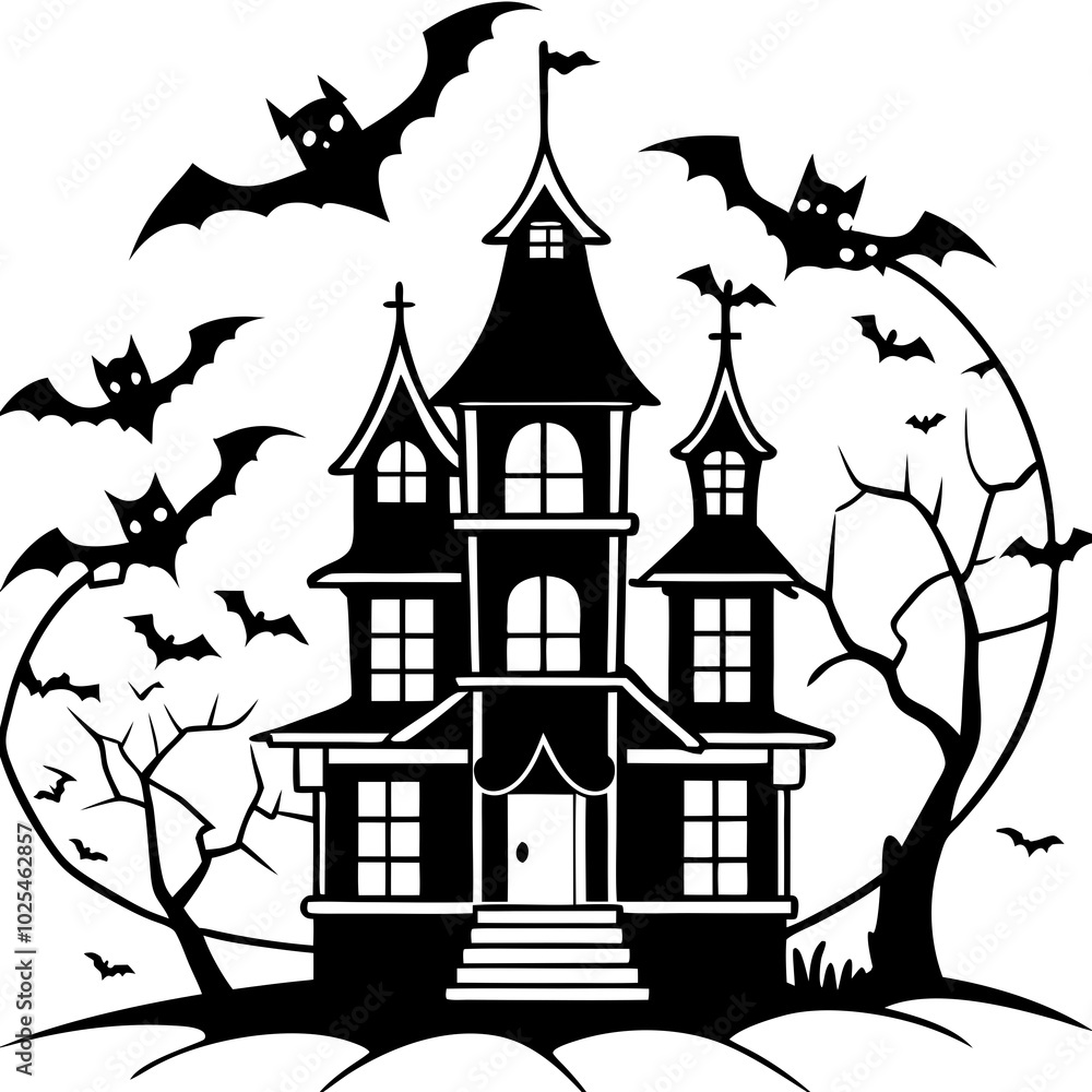 Halloween Haunted House - Silhouette of a spooky haunted house with bats flying overhead
Halloween Haunted House - Silhouette of a spooky haunted house with bats flying overhead