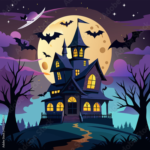 Halloween Haunted House - Silhouette of a spooky haunted house with bats flying overhead
