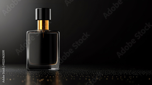 Elegant black perfume bottle on a dark background with subtle reflections.