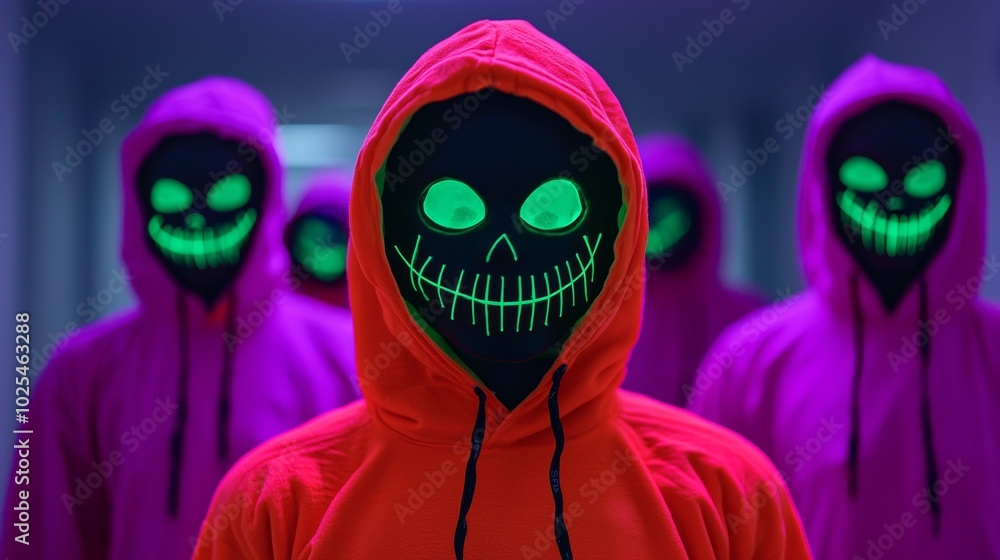 Fototapeta premium Creepy Figures in Neon Masks in Dark Corridor