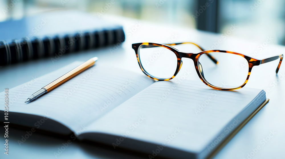 Open notebook with glasses and pen on desk, blurred background, concept of work and focus. Open notebook with glasses and pen on desk, blurred background, concept of work and focus.