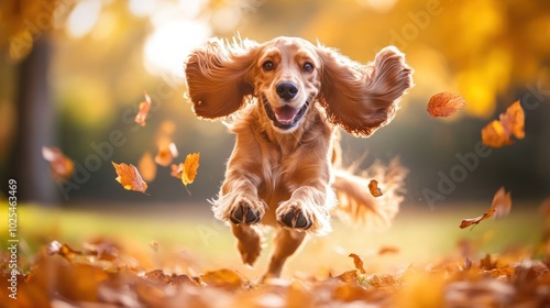 Happy Dog Running in Autumn Leaves