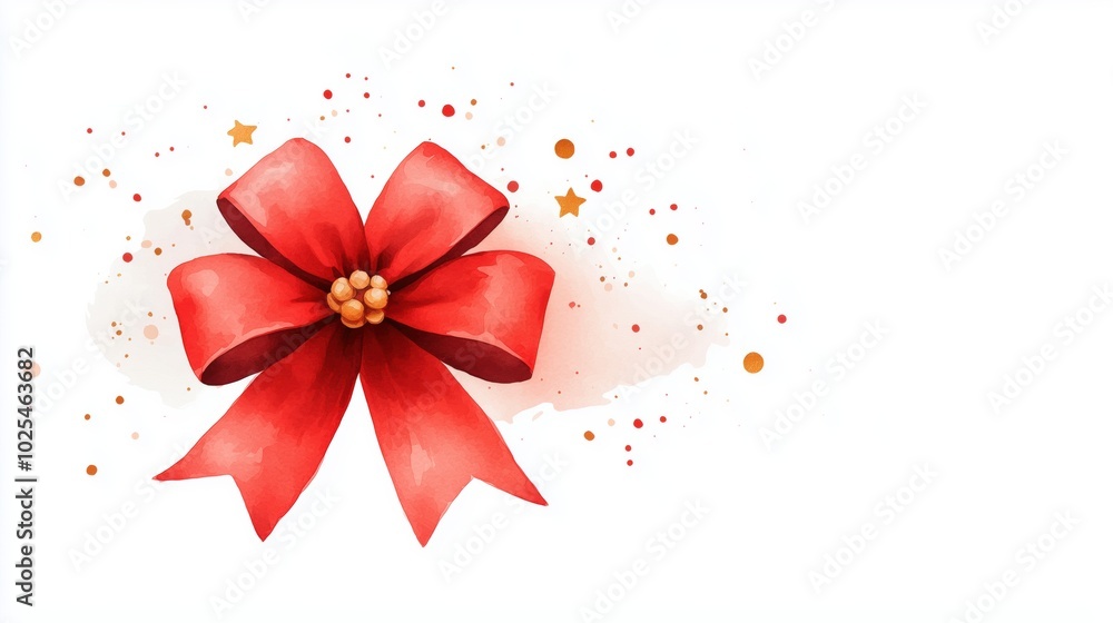 Elegant Red Christmas Bow Watercolor with Gold Accents - Festive Holiday Stock Image Elegant Red Christmas Bow Watercolor with Gold Accents - Festive Holiday Stock Image