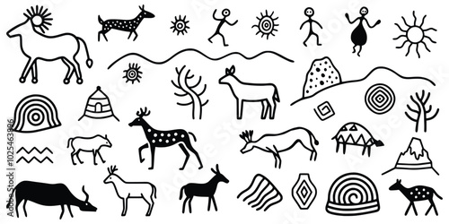 Seamless petroglyph pattern, rock paintings, isolated on white background, vector design	