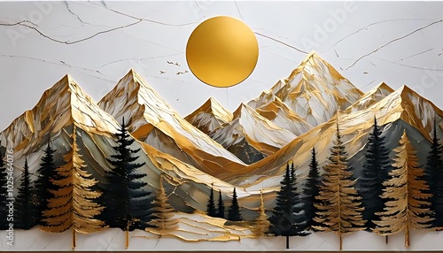3D Modern Canvas Mural Featuring a Stunning Landscape: Golden Deer in a Festive Tree Scene, Set Against a White Marble Backdrop.