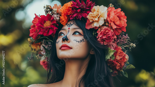 Elegant Asian Woman Celebrating D?a de los Muertos with Floral Crown