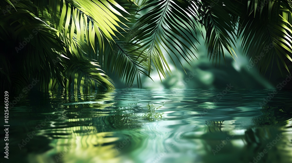 Palm Leaves Overhanging a Tranquil Pool of Water Palm Leaves Overhanging a Tranquil Pool of Water