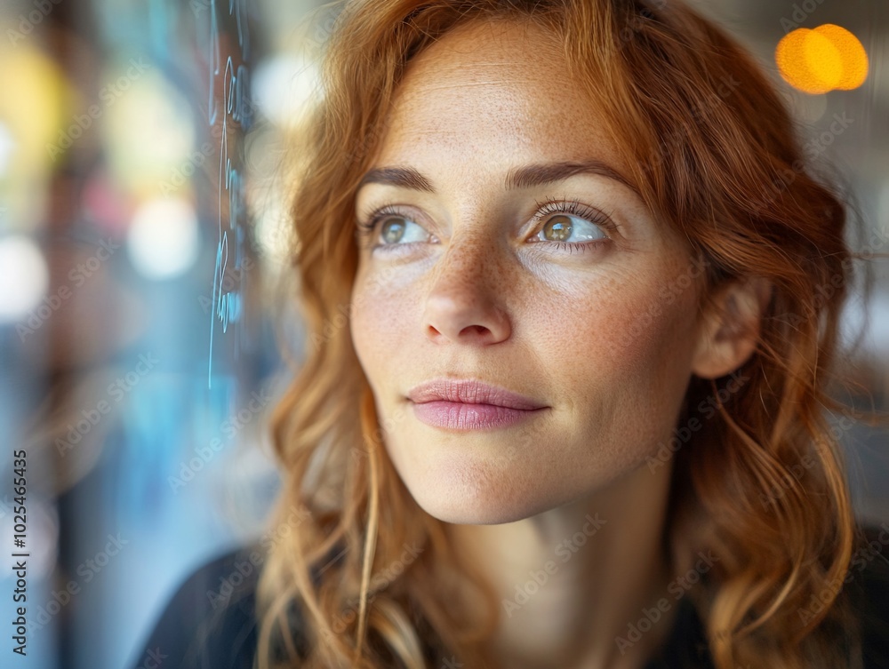 A young woman with red hair looks thoughtfully out of a window. A young woman with red hair looks thoughtfully out of a window.
