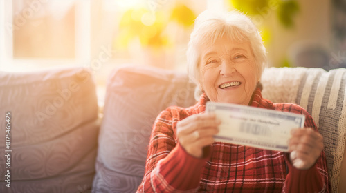 Senior citizen holding check symbolizing social security benefits, smiling with relief in cozy home setting, representing financial security and peace of mind