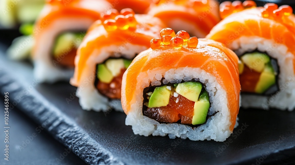 Close up of salmon sushi rolls with avocado and red caviar on a black plate. Close up of salmon sushi rolls with avocado and red caviar on a black plate.