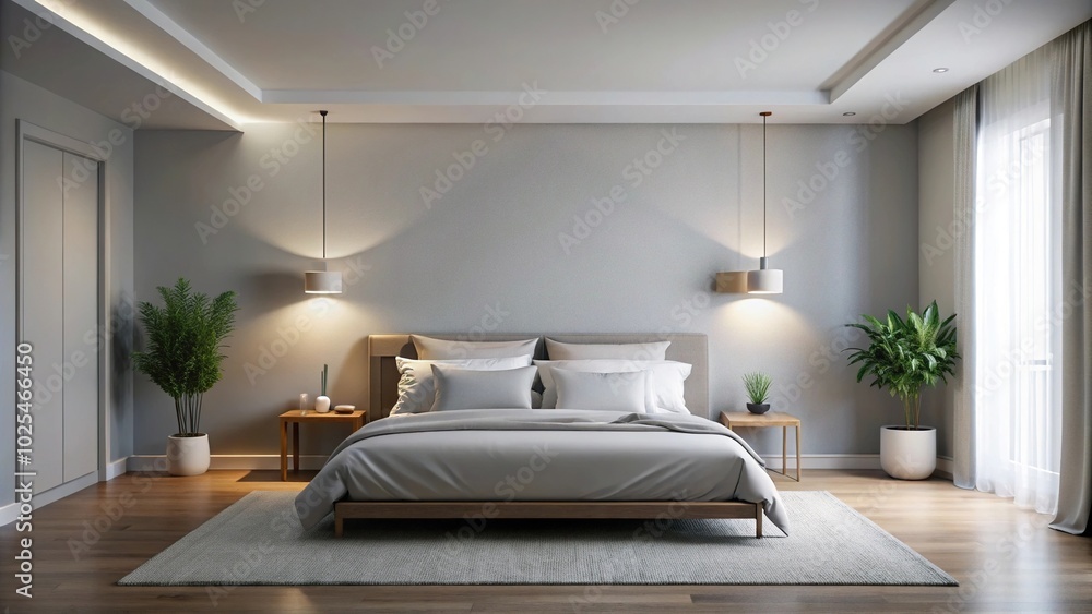 Minimalist bedroom with light gray walls, white bedding, and soft ambient lighting Minimalist bedroom with light gray walls, white bedding, and soft ambient lighting