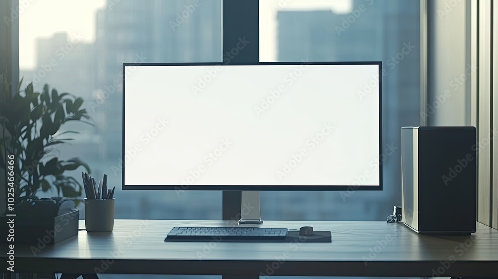 Modern Workspace with Blank Monitor and City View Modern Workspace with Blank Monitor and City View