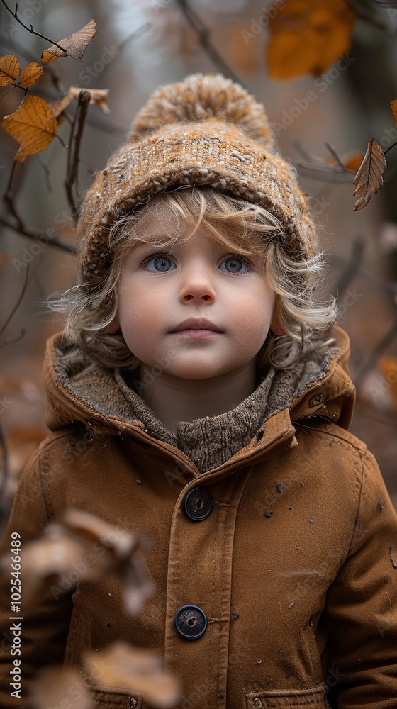 Cute Little Boy in a Winter Hat Looking Up in the Forest Cute Little Boy in a Winter Hat Looking Up in the Forest
