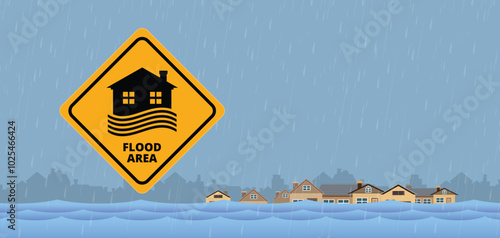 Flood area sign, natural disaster with house, heavy rain and storm