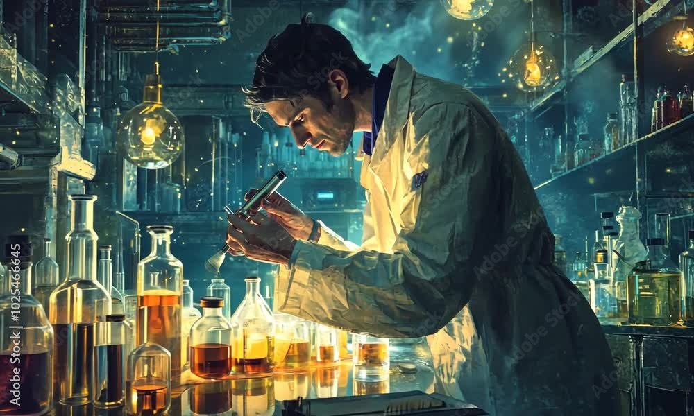 Scientist Working in a Laboratory with a Mystical Ambiance Scientist Working in a Laboratory with a Mystical Ambiance