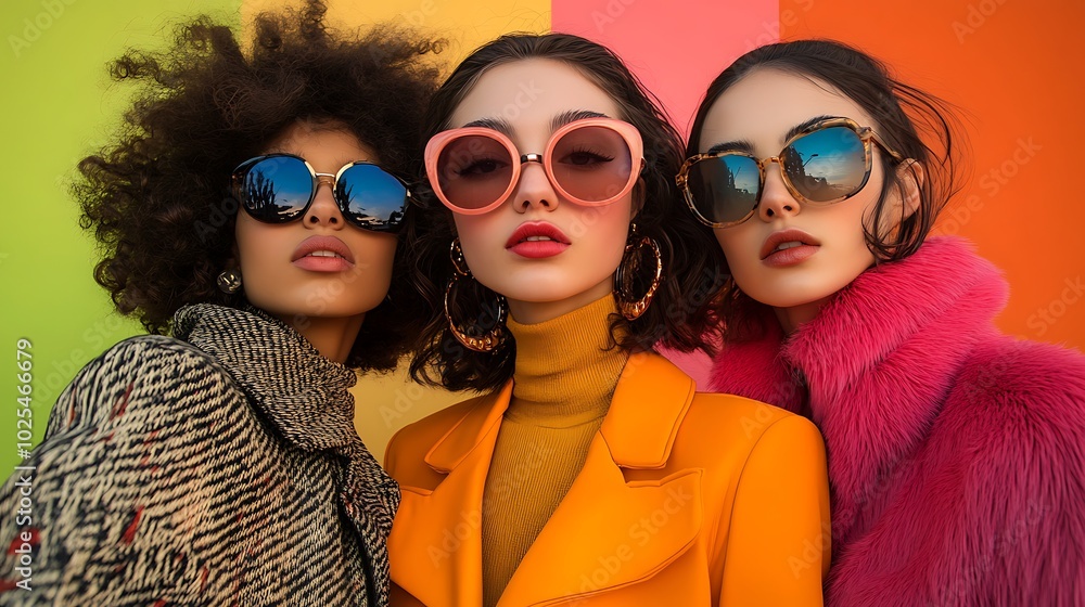 Teens posing confidently in front of brightly colored retro backdrops, bold patterns and strong contrasts, relaxed expressions and modern outfits,