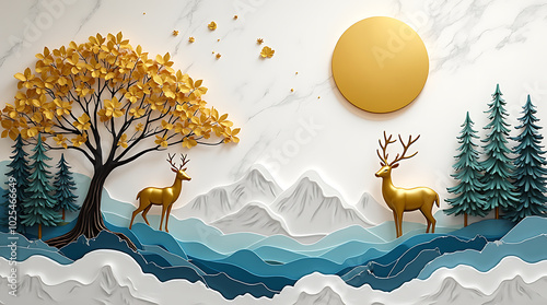 Fototapeta Naklejka Na Ścianę i Meble -  3D Modern Canvas Mural Featuring a Stunning Landscape: Golden Deer in a Festive Tree Scene, Set Against a White Marble Backdrop.