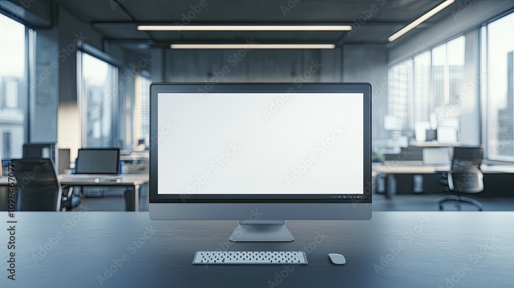 Modern Office Workspace with Blank Computer Screen Modern Office Workspace with Blank Computer Screen