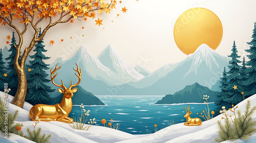 Fototapeta Naklejka Na Ścianę i Meble -  3D Modern Canvas Mural Featuring a Stunning Landscape: Golden Deer in a Festive Tree Scene, Set Against a White Marble Backdrop.