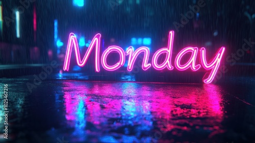 Neon Monday Night Sign on Rainy Street