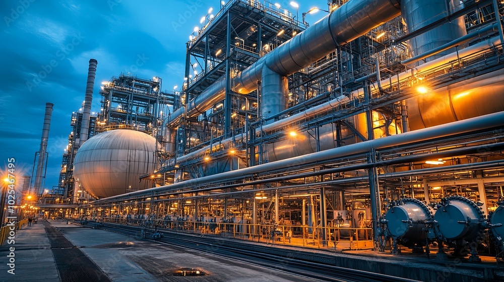 A large industrial plant with many pipes and a large tank A large industrial plant with many pipes and a large tank