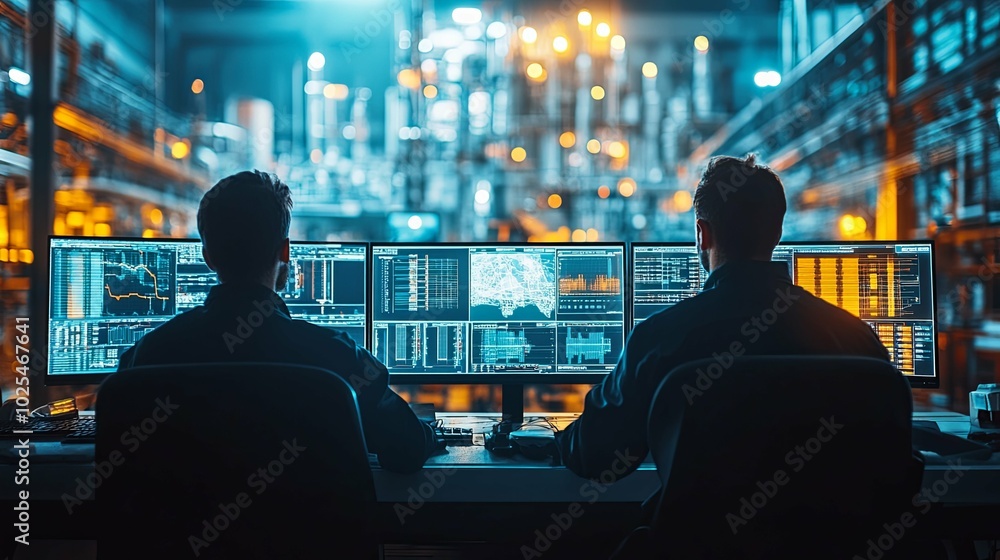 Two men are sitting at a computer with four monitors in front of them Two men are sitting at a computer with four monitors in front of them