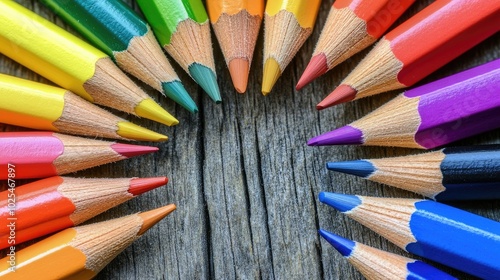 Colorful Pencils Arranged in a Circle on Wooden Surface