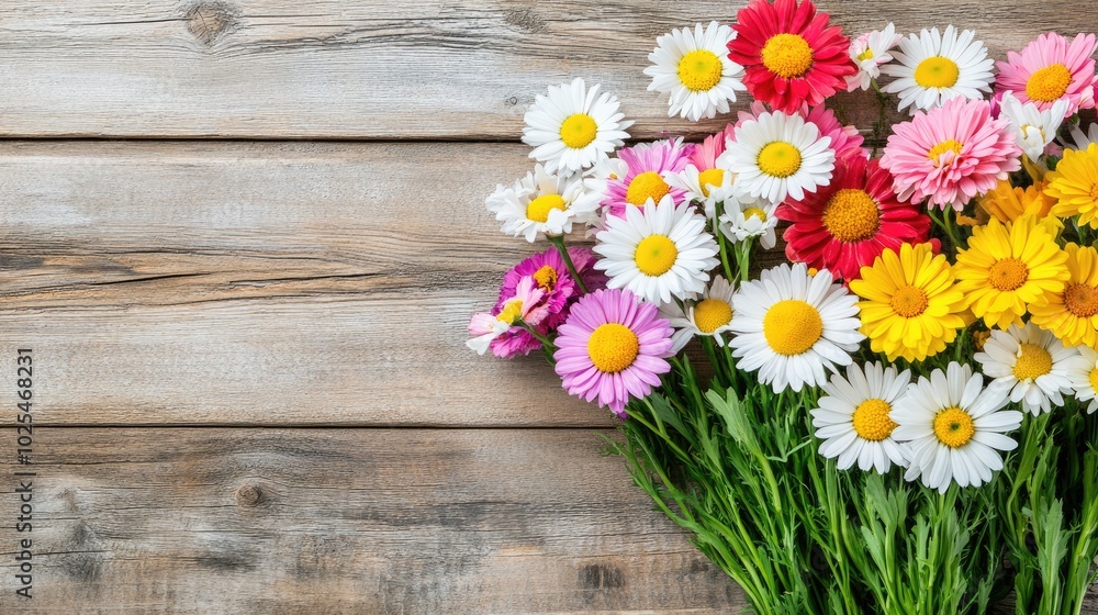 Fototapeta premium Bright Floral Arrangement on Rustic Wooden Background